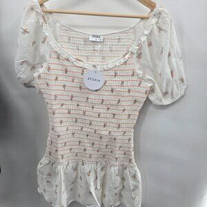 Storia White Orange Floral Striped Heavily Ruched Mini Dress Size Medium